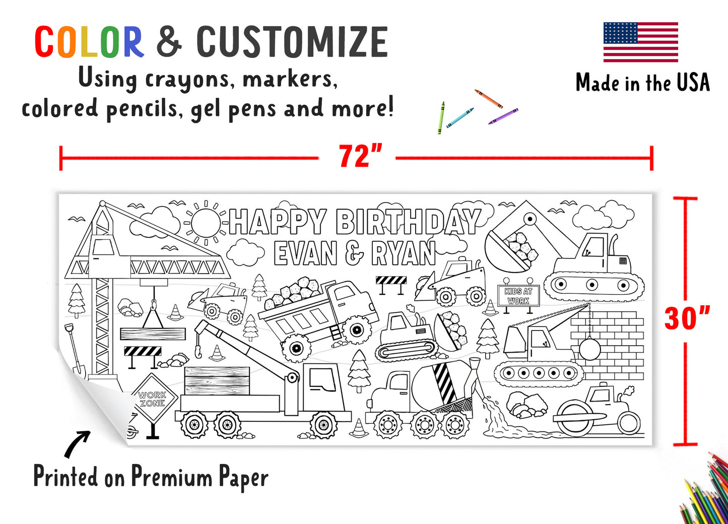 Giant Personalized Construction Coloring Banner