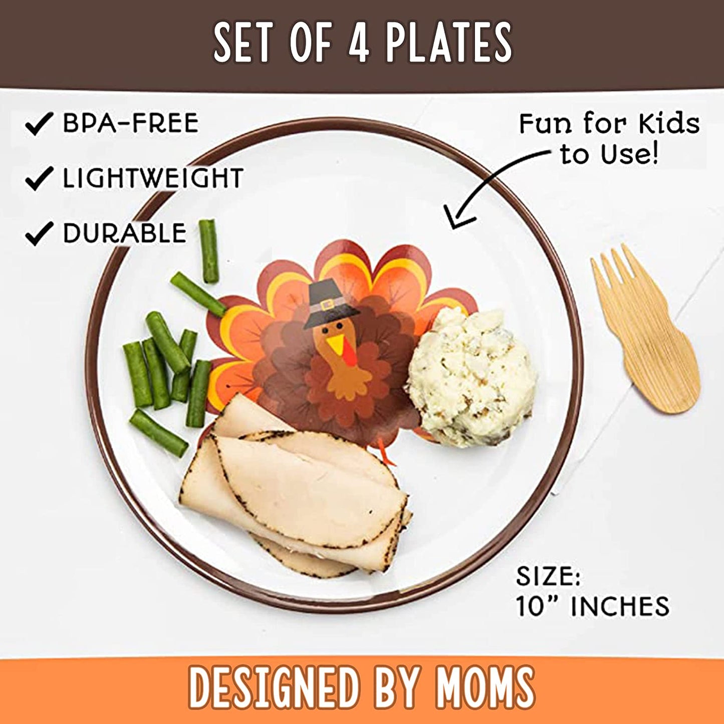 Thanksgiving Plates for Kids with Colorful Turkey (Set of 4 Plates)