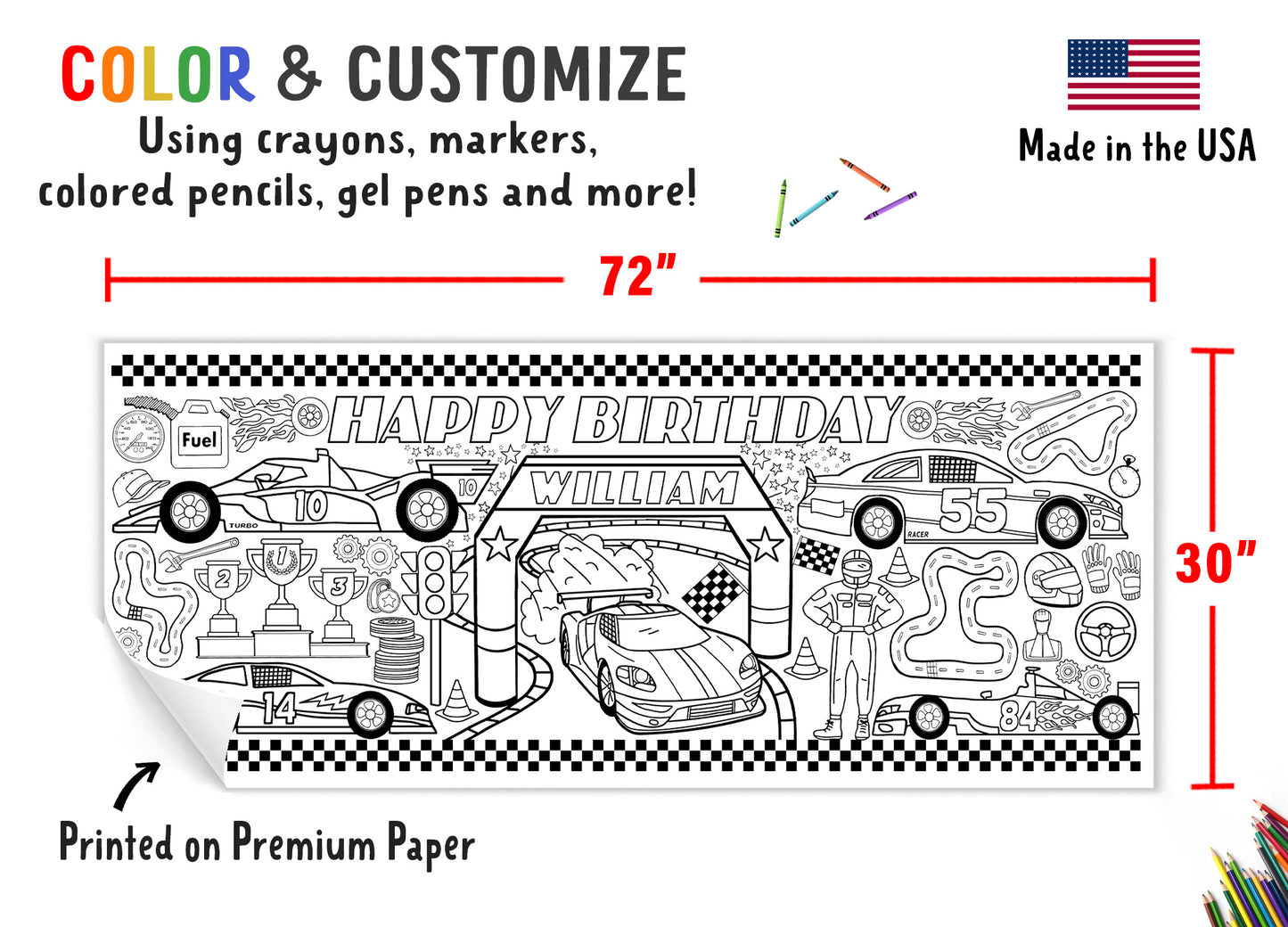 Giant Personalized Race Car Coloring Banner