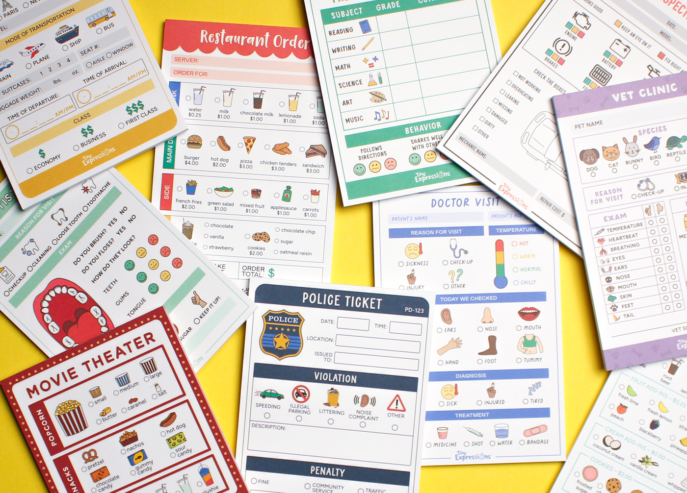 Colorful pretend play notepads for kids, including restaurant order, doctor visit, vet clinic, and movie theater pads