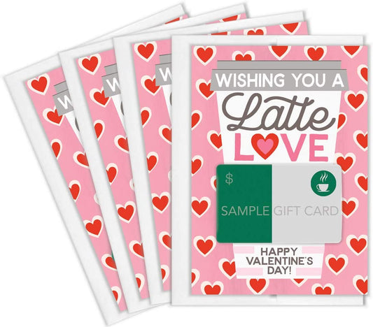 Valentine's Day Coffee Gift Card Holders with White Envelopes (4 Cards & Envelopes)