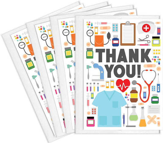 Tiny Expressions - Medical Appreciation Card Set for Nurses, Doctors, EMTs and Medical Administrative Staff with Envelopes (4 Pack) | Full Color Inside and Outside Medical Themed Thank You Cards