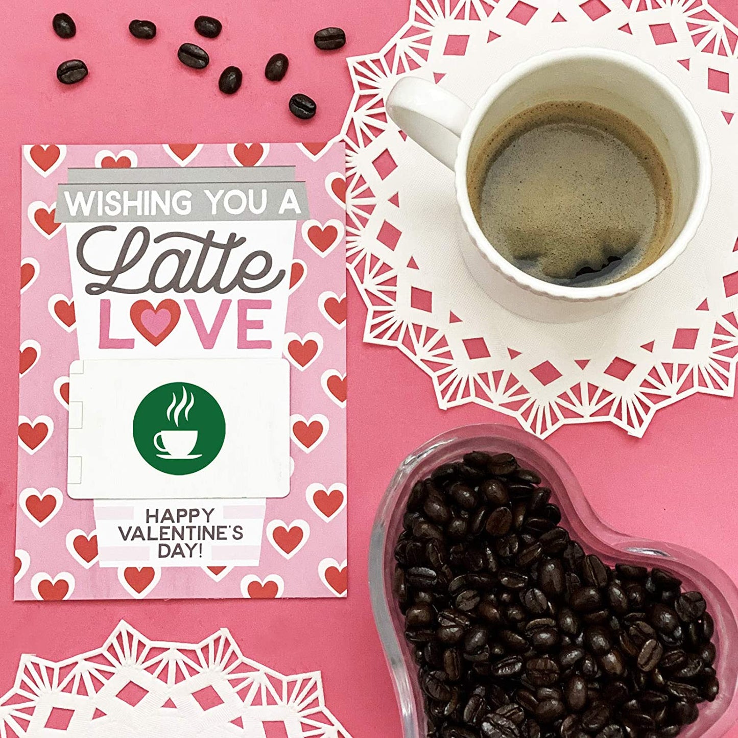 Valentine's Day Coffee Gift Card Holders with White Envelopes (4 Cards & Envelopes)