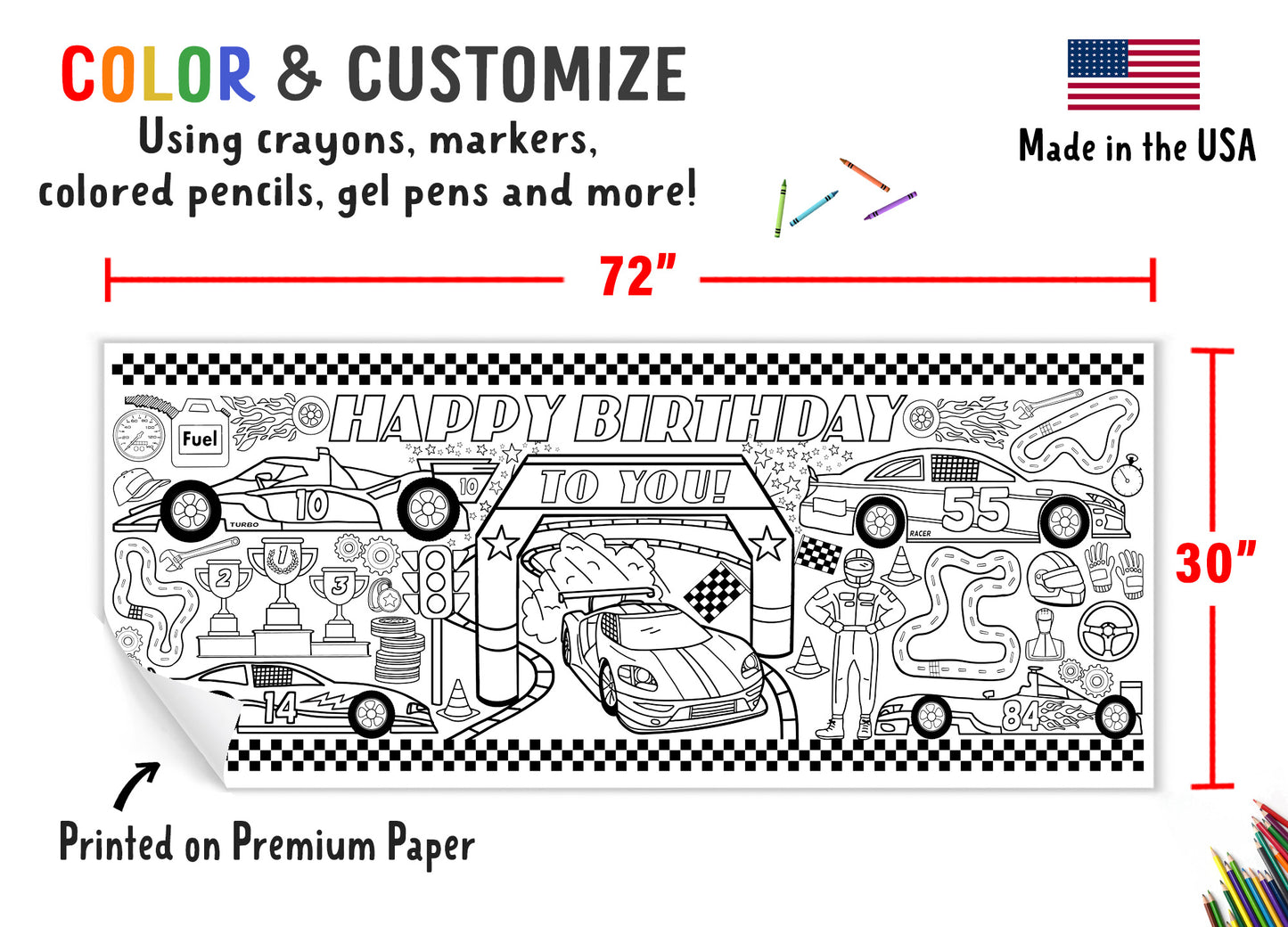 Giant Race Car Birthday Coloring Banner