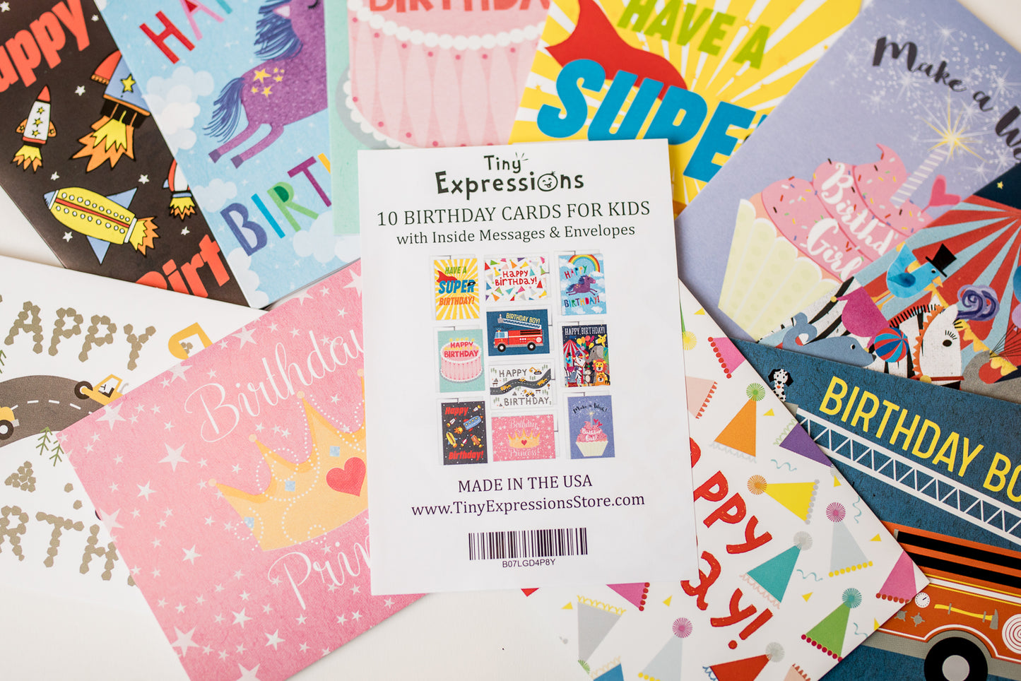 Tiny Expressions - 10 Kids Birthday Cards with Inside Messages and Envelopes