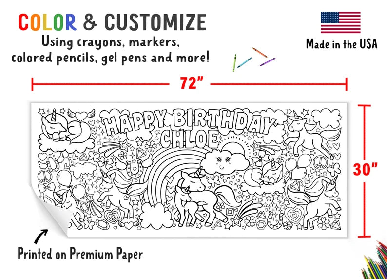 Giant Personalized Unicorn Birthday Coloring Banner